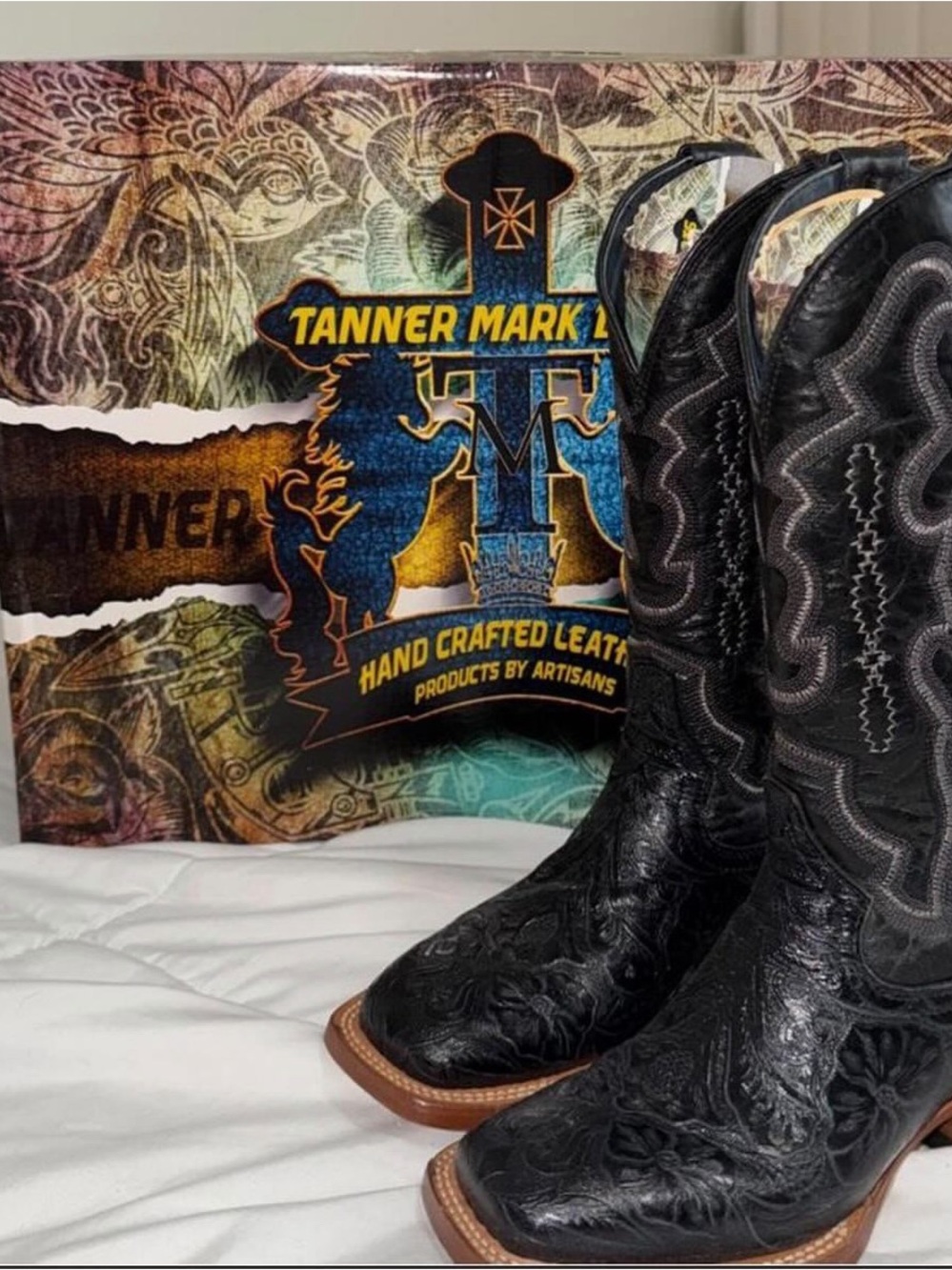 Tanner Mark Leather Black Embroidered Western Heeled Boots